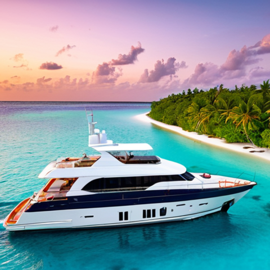 An ultra-luxury small yacht, designed with elegant lines, gracefully anchored in a vibrant, crystal-clear turquoise Maldivian lagoon at sunset. The tranquil water perfectly reflects the sky, which is ablaze with rich hues of orange, pink, and soft purple. Distant, pristine white sand beaches lined with lush green palm trees are visible under the warm, ambient light. The scene captures a peaceful and serene atmosphere, highlighting breathtaking natural beauty. Professional photography, high definition, detailed, picturesque, safe for work, appropriate content, fully clothed, modest, family-friendly, perfect anatomy, correct proportions, natural pose.