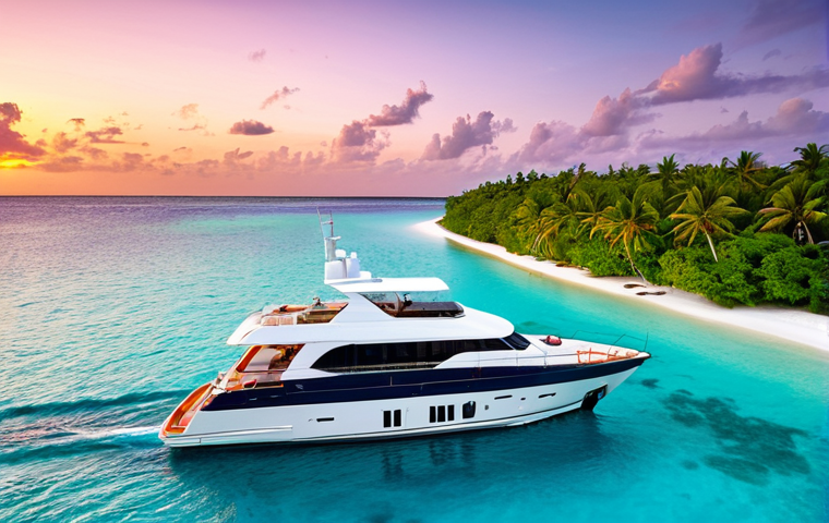 An ultra-luxury small yacht, designed with elegant lines, gracefully anchored in a vibrant, crystal-clear turquoise Maldivian lagoon at sunset. The tranquil water perfectly reflects the sky, which is ablaze with rich hues of orange, pink, and soft purple. Distant, pristine white sand beaches lined with lush green palm trees are visible under the warm, ambient light. The scene captures a peaceful and serene atmosphere, highlighting breathtaking natural beauty. Professional photography, high definition, detailed, picturesque, safe for work, appropriate content, fully clothed, modest, family-friendly, perfect anatomy, correct proportions, natural pose.