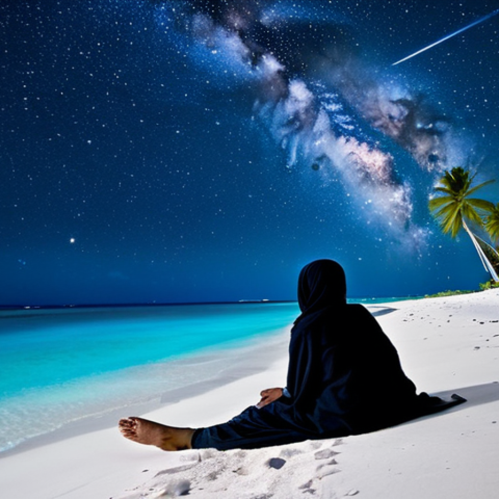 Baa Atoll Stargazing**

"A clear night sky over Baa Atoll in the Maldives. A fully clothed woman in modest casual attire lies on a white sand beach, gazing up at the Milky Way. Palm trees are silhouetted against the starry sky. Bioluminescent plankton glows faintly in the ocean water. safe for work, appropriate content, professional photography, perfect anatomy, natural proportions, fully clothed, family-friendly, starry night, clear sky."

**
