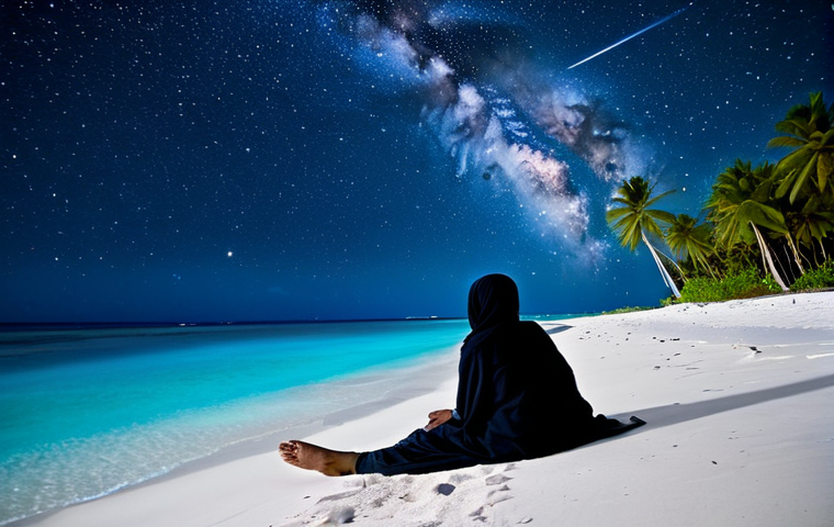 Baa Atoll Stargazing**

"A clear night sky over Baa Atoll in the Maldives. A fully clothed woman in modest casual attire lies on a white sand beach, gazing up at the Milky Way. Palm trees are silhouetted against the starry sky. Bioluminescent plankton glows faintly in the ocean water. safe for work, appropriate content, professional photography, perfect anatomy, natural proportions, fully clothed, family-friendly, starry night, clear sky."

**