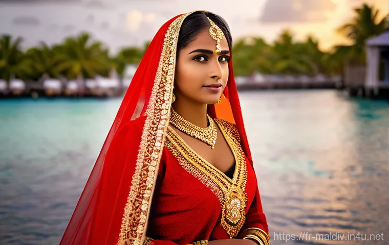 몰디브 전통 의상 - **A Maldivian woman in a Dhivehi Libaas at a cultural festival.** She is elegantly posed, showcasing...