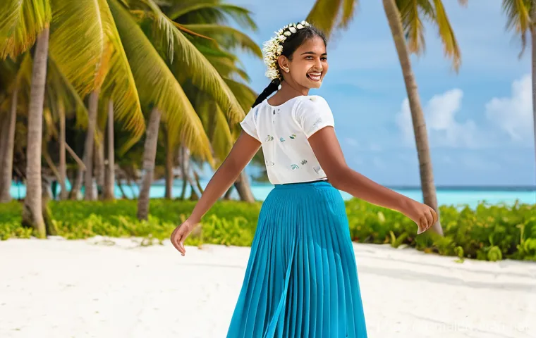 몰디브 전통 의상 - **A Maldivian woman in a Dhivehi Libaas at a cultural festival.** She is elegantly posed, showcasing...