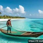몰디브 주요 직업군 - A traditional Maldivian artisanal fisherman in light clothing and a wide-brimmed hat, skillfully cas...