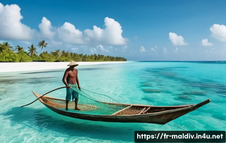 몰디브 주요 직업군 - A traditional Maldivian artisanal fisherman in light clothing and a wide-brimmed hat, skillfully cas...