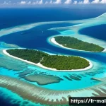 몰디브 물 부족 문제 - A detailed aerial view of the Maldives archipelago showcasing numerous small coral islands surrounde...