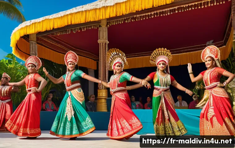 몰디브 전통 춤 디바루 - A vibrant traditional Maldivian dance performance featuring dancers in richly colored costumes adorn...