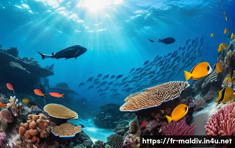 몰디브 스노클링 명소 - A vibrant underwater scene in the Maldives featuring an expansive coral reef teeming with diverse ma...