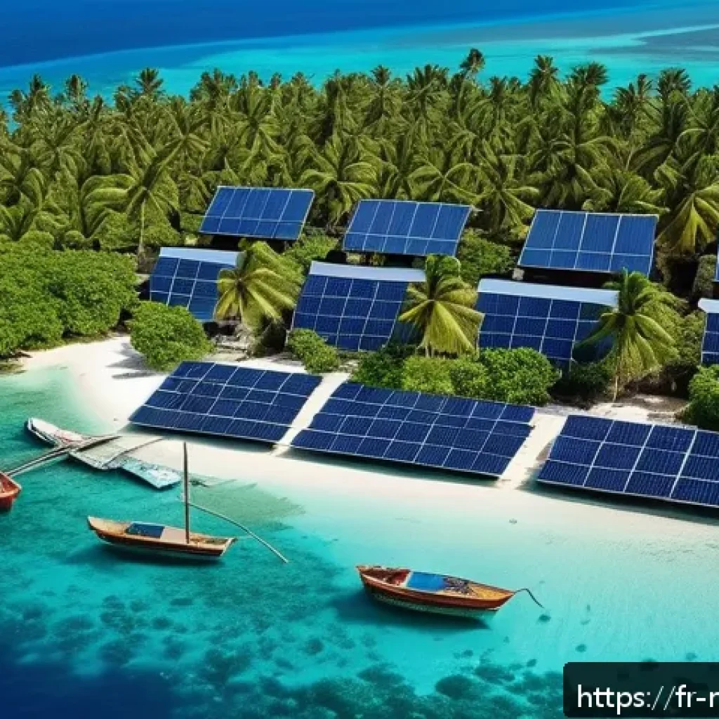 몰디브 전기 공급 현황 - A picturesque Maldivian island village at midday, featuring rooftops covered with modern solar panel...