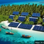 몰디브 전기 공급 현황 - A picturesque Maldivian island village at midday, featuring rooftops covered with modern solar panel...