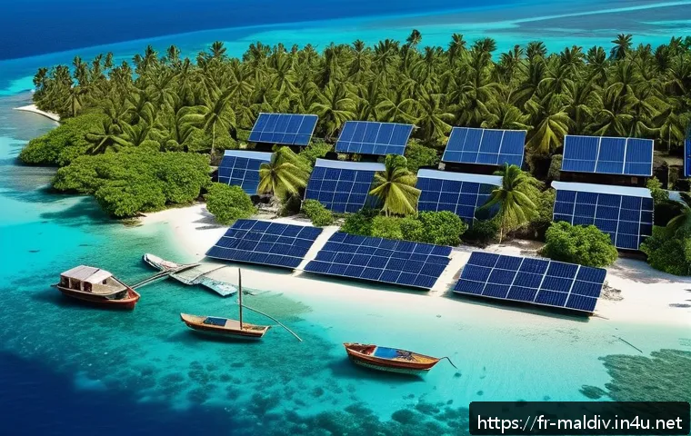 몰디브 전기 공급 현황 - A picturesque Maldivian island village at midday, featuring rooftops covered with modern solar panel...