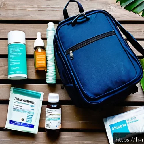 몰디브 여행 건강 팁 - A detailed travel health kit laid out on a tropical wooden table, including antiseptic bottles, asso...
