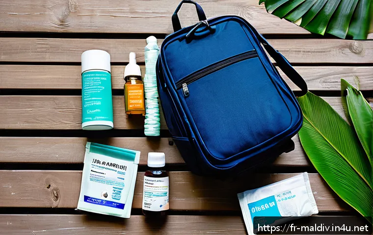 몰디브 여행 건강 팁 - A detailed travel health kit laid out on a tropical wooden table, including antiseptic bottles, asso...