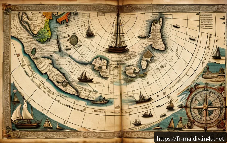 몰디브 고대 지도 - A detailed ancient maritime map of the Maldives and the Indian Ocean, featuring hand-drawn islands w...