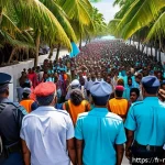 몰디브 현대 정치사 - A detailed scene depicting a tense political rally in the Maldives, showing a diverse crowd of islan...