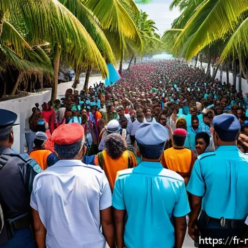 몰디브 현대 정치사 - A detailed scene depicting a tense political rally in the Maldives, showing a diverse crowd of islan...