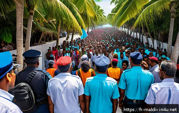 몰디브 현대 정치사 - A detailed scene depicting a tense political rally in the Maldives, showing a diverse crowd of islan...