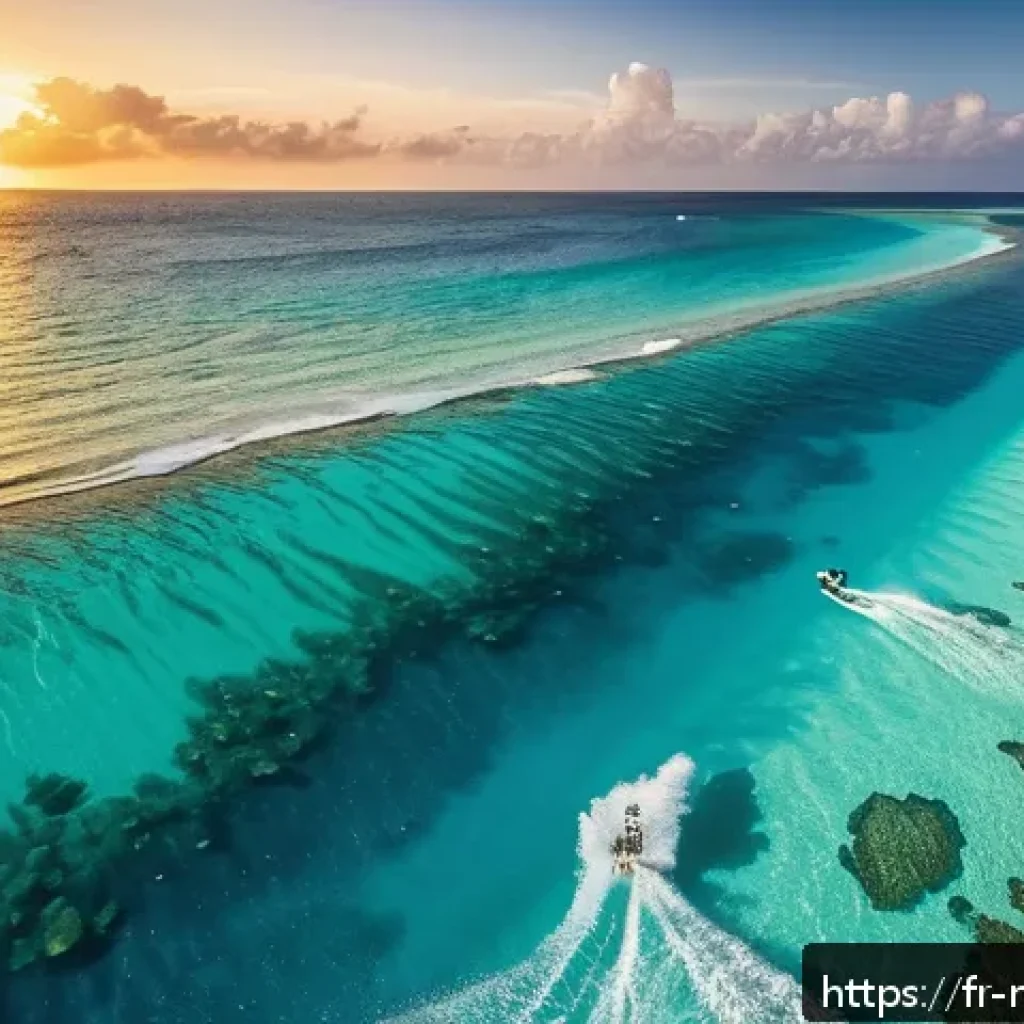몰디브 서핑 명소 - A serene view of Maaya Thila reef in the Maldives during a vibrant sunrise, showcasing crystal-clear...