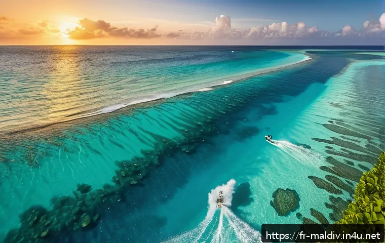 몰디브 서핑 명소 - A serene view of Maaya Thila reef in the Maldives during a vibrant sunrise, showcasing crystal-clear...
