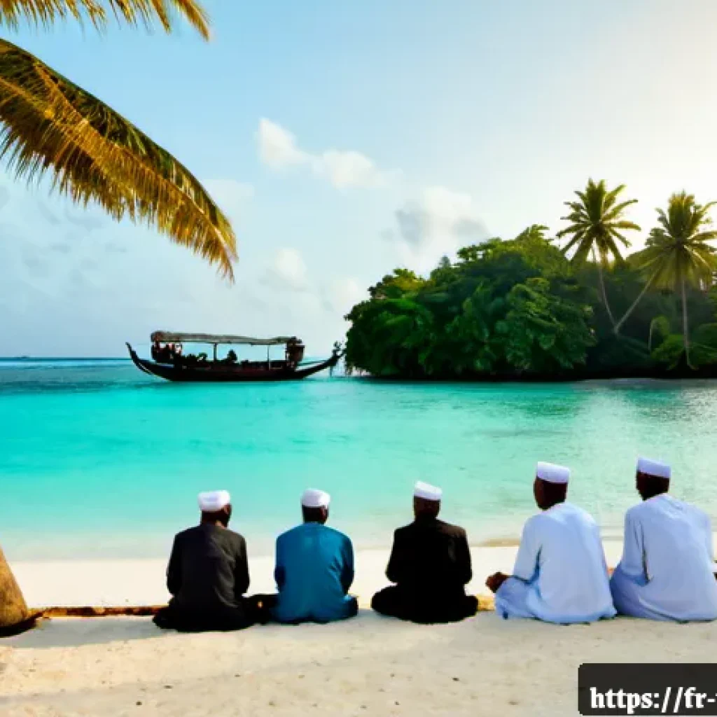 몰디브의 이슬람화 - Photorealistic historical scene in 12th-century Maldives, a tranquil coral-stone island mosque being...
