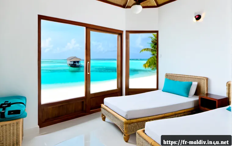 Home 17 몰디브 저렴한 숙박 옵션 - Photorealistic budget-friendly Maldives guesthouse room on a local island, airy white walls, simple ...