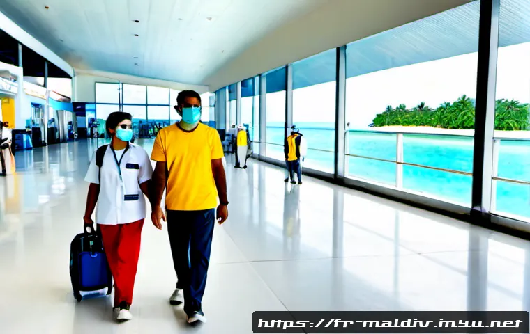 몰디브 코로나19 정책 - Photorealistic Maldives international airport arrival scene, a French-speaking family in casual trop...