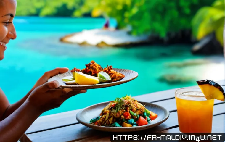 몰디브 로컬 음식 체험 - Photorealistic Maldivian local food experience on a sunlit island café terrace, a French-speaking co...