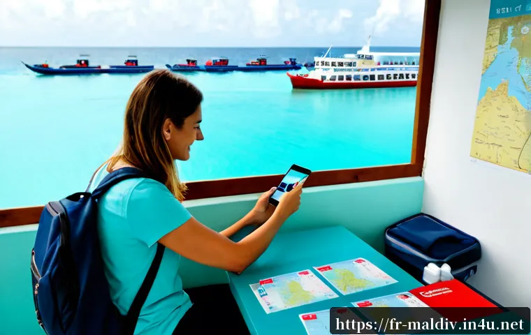 몰디브 배낭여행 루트 - Photorealistic travel planning scene for a Maldives backpacking route, French-speaking European solo...