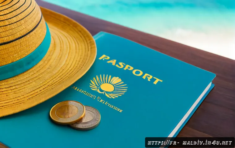 몰디브 여행 블로그 추천 - Photorealistic Maldives travel planning scene for French travelers, elegant sunlit desk with an open...
