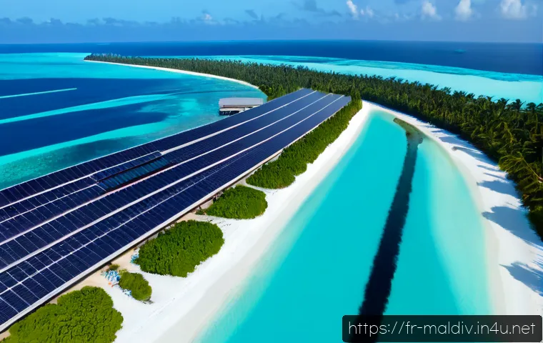 몰디브 재생에너지 프로젝트 - Photorealistic aerial view of a Maldives island renewable energy project, neat rows of solar panels ...