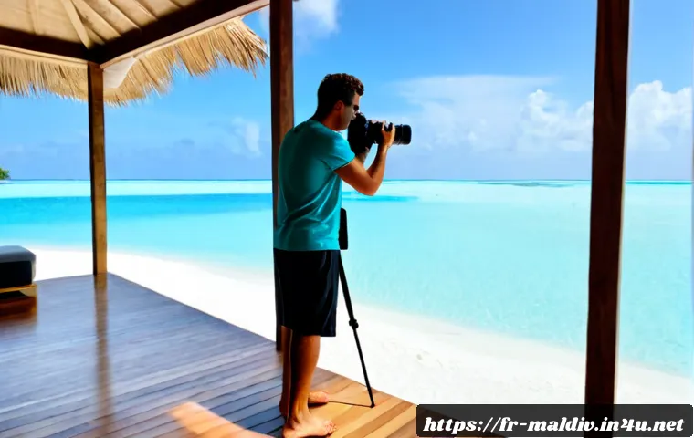 몰디브 여행 유튜브 채널 - Photorealistic travel video creator filming a turquoise Maldivian lagoon from a wooden overwater vil...