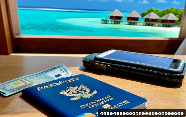 몰디브 여행 필수 앱 - Photorealistic Maldives travel planning scene for French travelers, elegant smartphone held above a ...